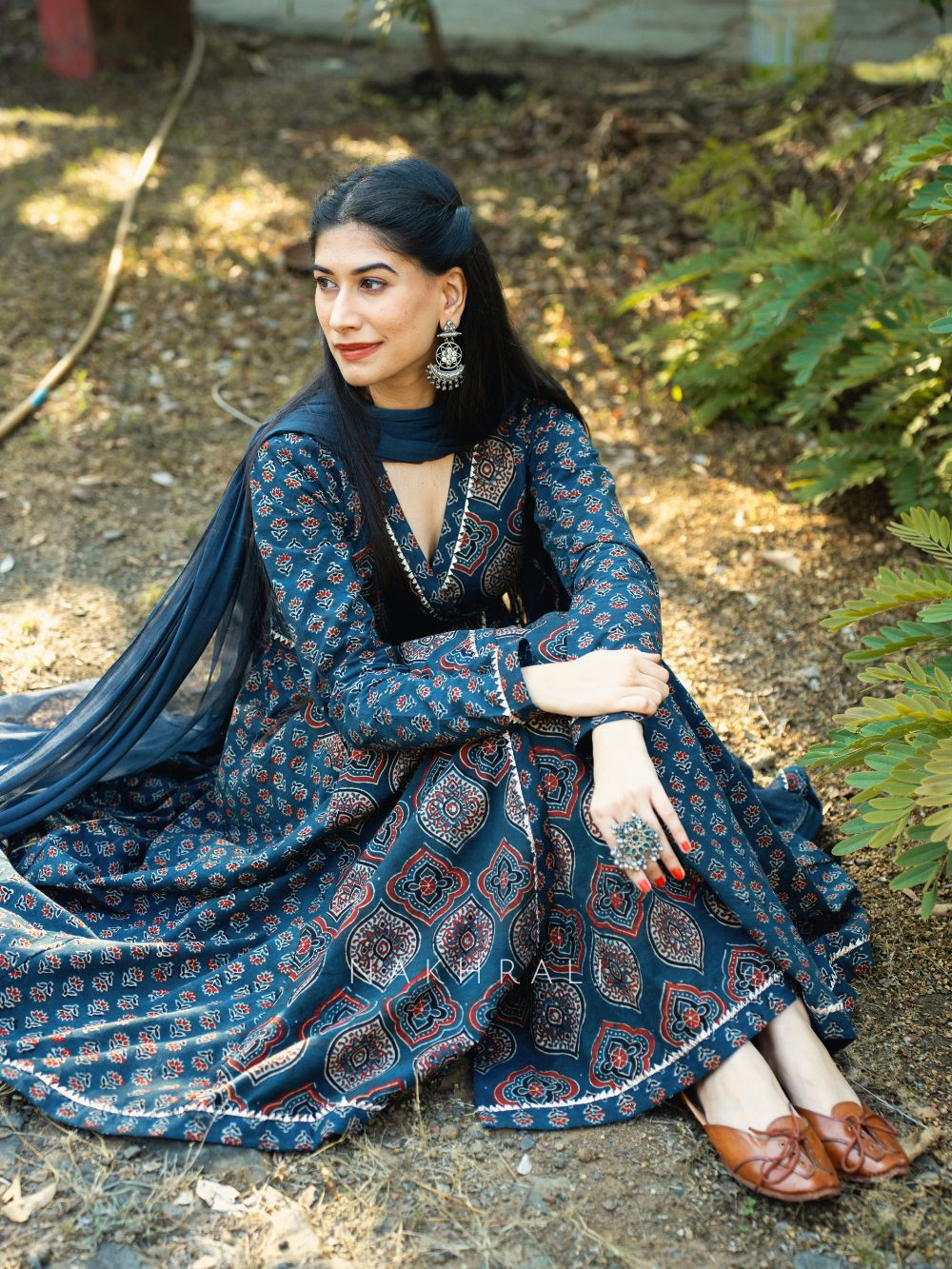 Blue Cotton Ajrakh Print Angrakha Anarkali Suit Set Blue Cotton Ajrakh Print Angrakha Anarkali Suit Set