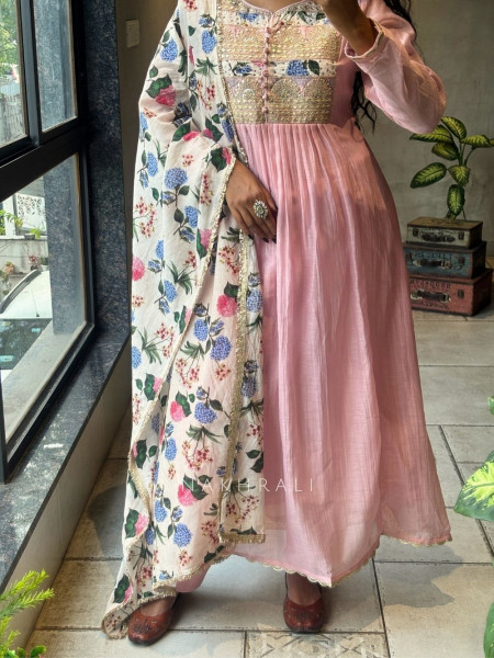 Nilora Pink Anarkali Suit Set with Floral Dupatta