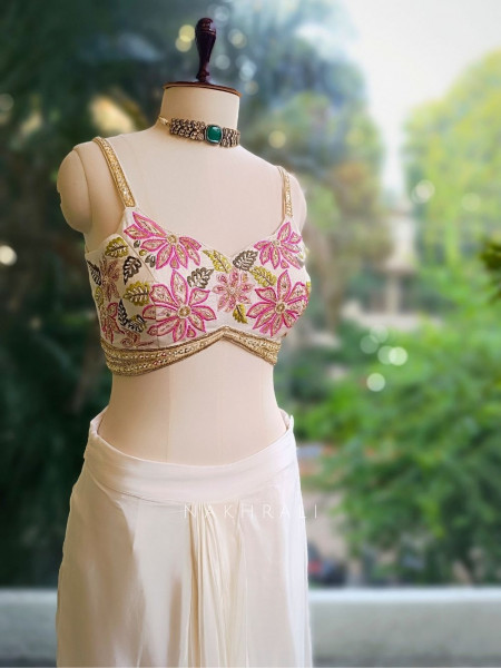 Ivory Luxe Crop Top Drape Skirt Set with Jacket