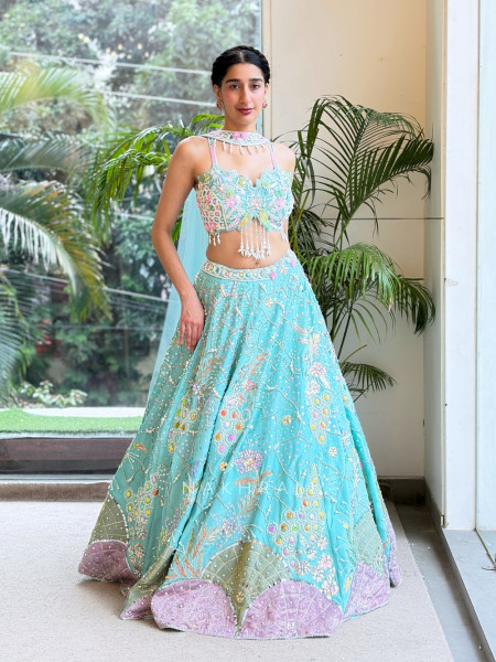 Ishvika Sky Blue Slub Silk & Tulle Carnival Lehenga Set