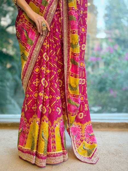 Rangbhaav Wine Printed Saree with Gota Patti Border