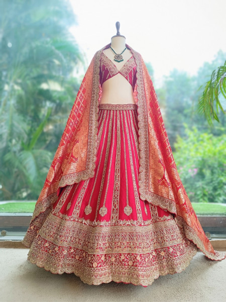 Vaidehi Royal Red Raw Silk Unstitched Bridal Lehenga – Zardozi, Pitta & Zari Work