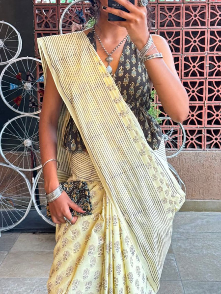 Amalsaar Yellow Cotton Saree with Block Print