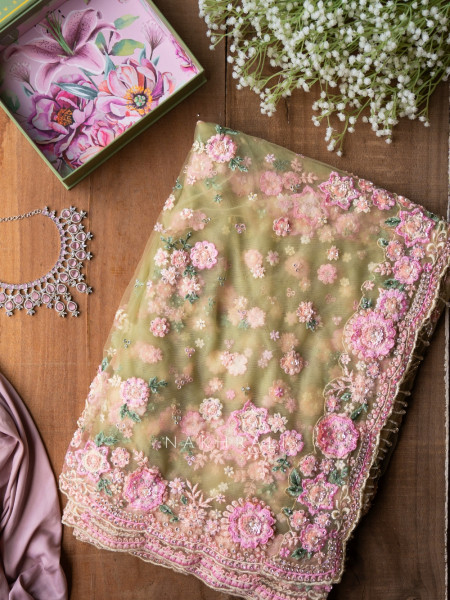 Princess Garden Green Floral Embroidered Saree with Readymade Blouse