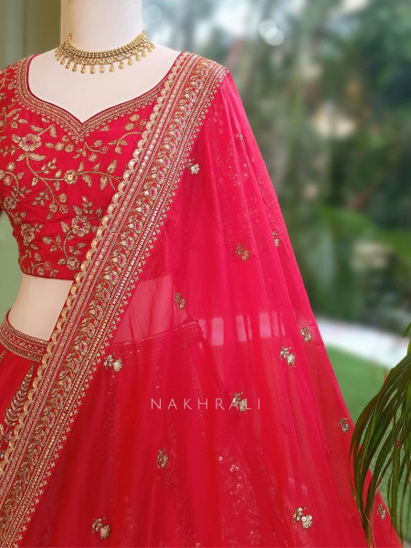 Rivisha Red Pure Raw Silk Bridal Lehenga Set With Reshma Zardozi & Peacock Embroidery