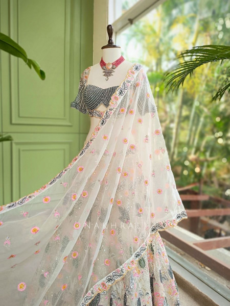 Diva Off White Net Lehenga with Embroidery and Sequin Work