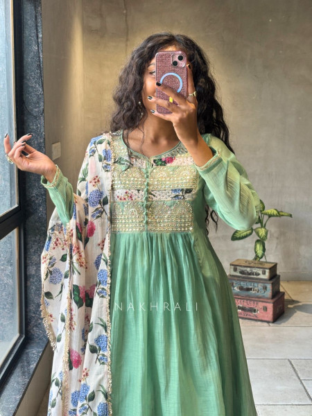 Nilora Green Anarkali Suit Set with Floral Dupatta