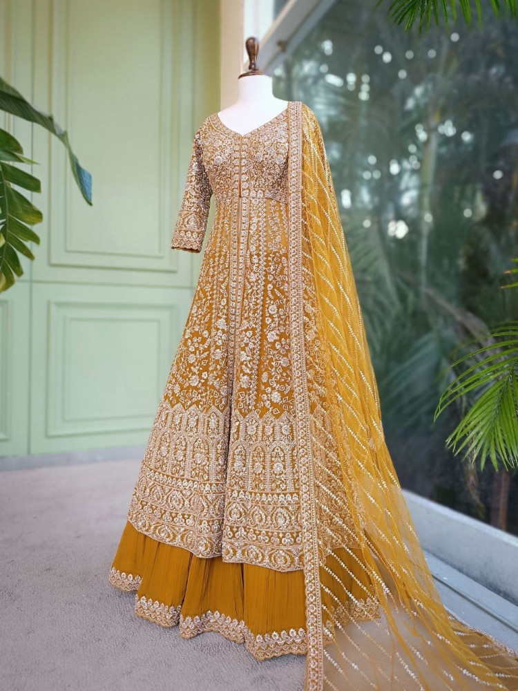 Image of Noorvi Mustard Lehenga with Zari &amp; Mirror Work