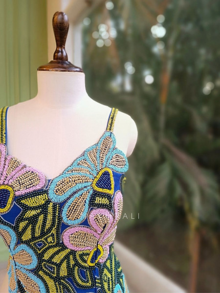 Yevira Blue Bead Embellished Crop Top Palazzo Set with Dupatta