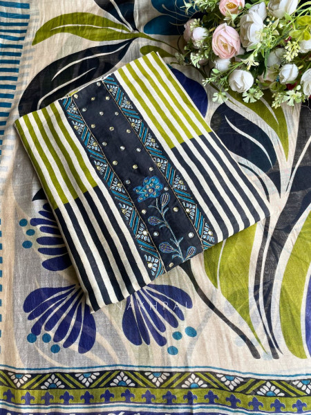 Cyriva Black Printed Dress Material with Embroidered Panel