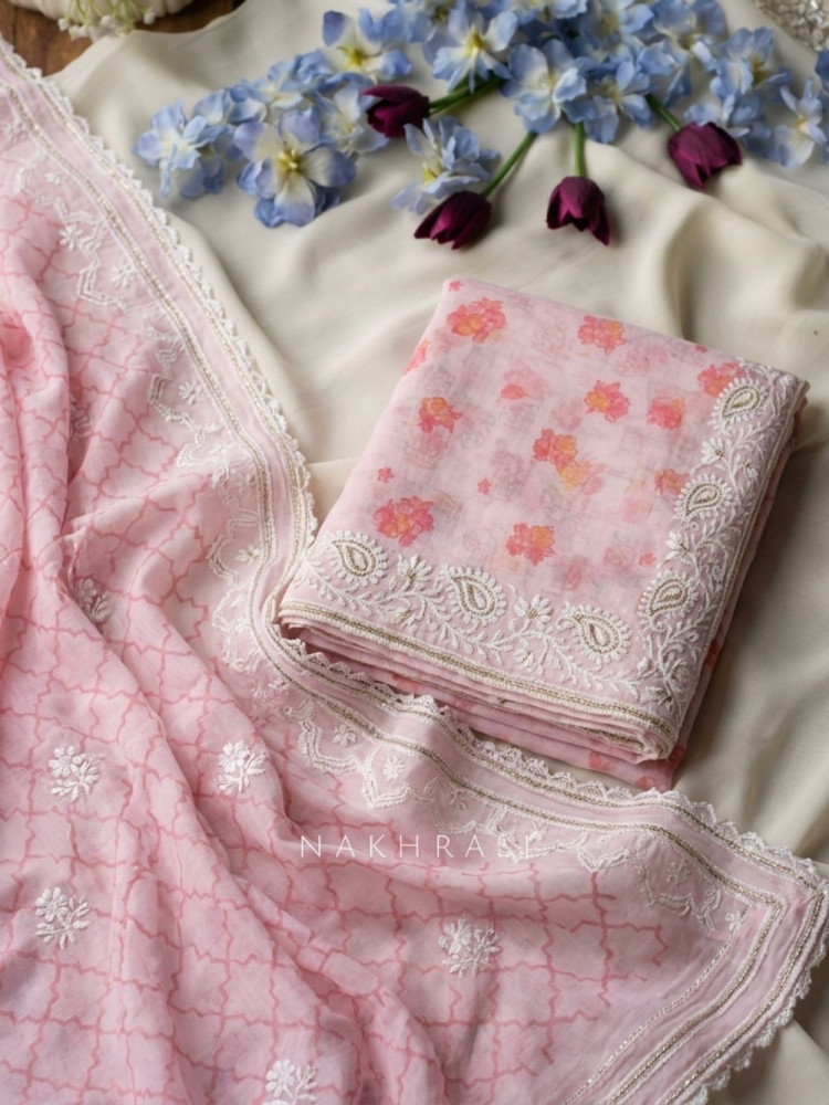 Image of Roselune Pink Floral Printed Dress Material with Embroidered Border