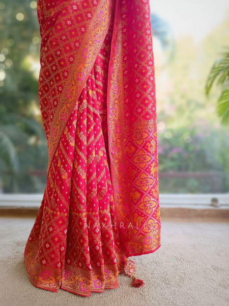 Solvara Red Bandhani Saree with Traditional Border