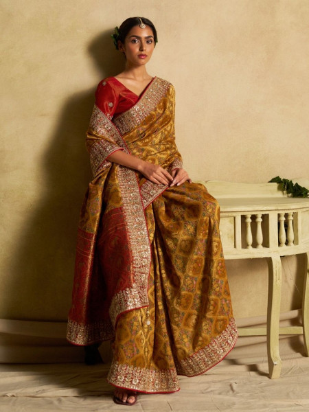 Amber Glow Mustard Dola Silk Saree with Zardozi Border