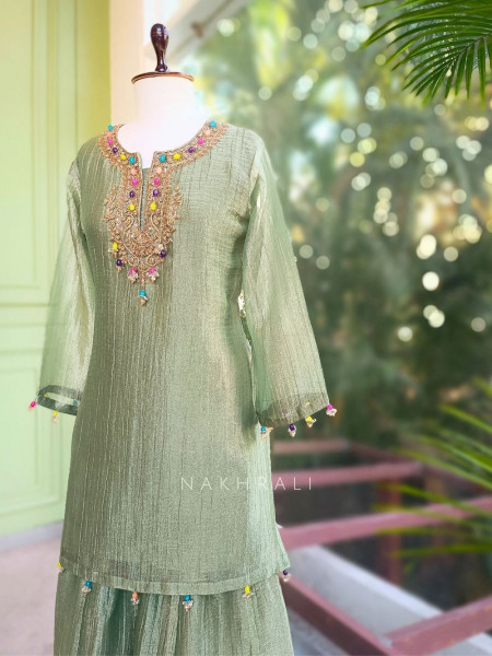 Meherza Green Embroidered Kurta Sharara Set with Dupatta