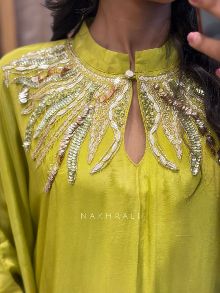 Parnika Parrot Green Kaftan Set with Sequin and Cut Dana Neck Collar Work