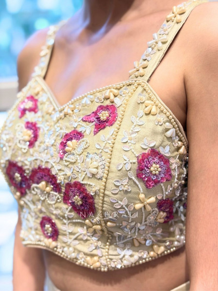 Cressa Cream Crop Top Palazzo Set with Floral Sequin Beads Pearl Work