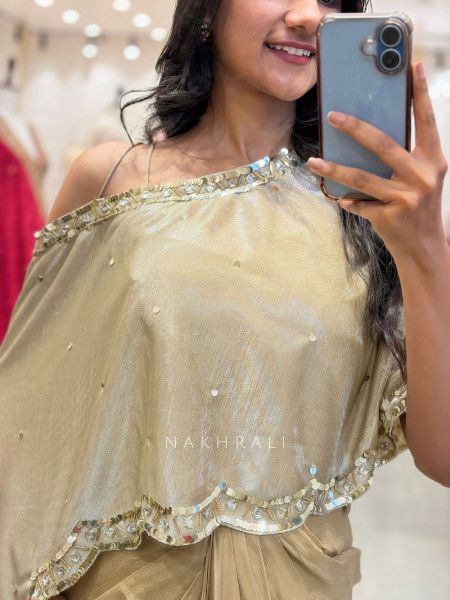 Elixir Cream Off Shoulder Kaftan Set with Sequin Work