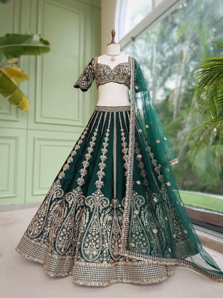 Zoyaara Paisley Green Silk Satin Lehenga Choli Set