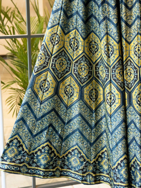 Jhoom Yellow Modal Silk Ajrakh Skirt – Geometric Harmony