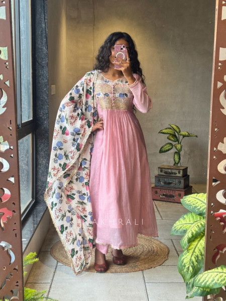 Nilora Pink Anarkali Suit Set with Floral Dupatta
