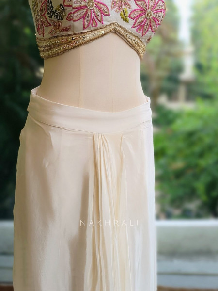 Ivory Luxe Crop Top Drape Skirt Set with Jacket