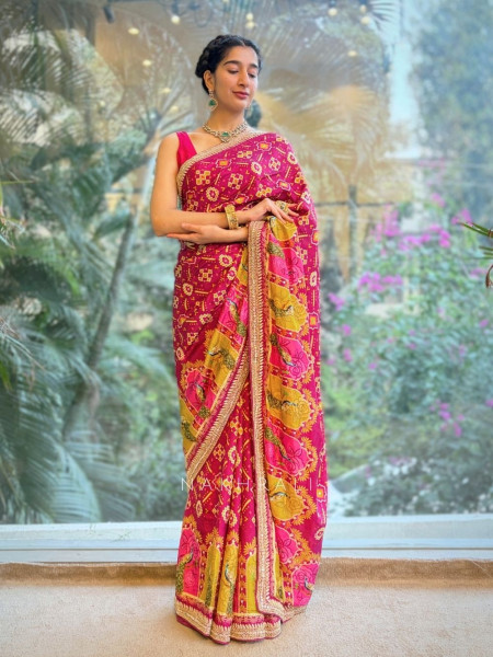 Rangbhaav Wine Printed Saree with Gota Patti Border