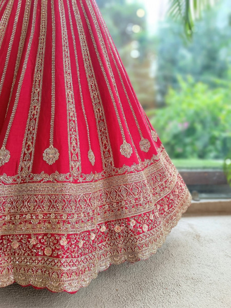 Vaidehi Royal Red Raw Silk Unstitched Bridal Lehenga – Zardozi, Pitta & Zari Work