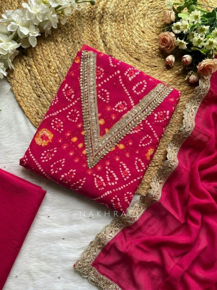 Image of Survika Magenta Bandhani Printed Dress Material with Embellished Neckline