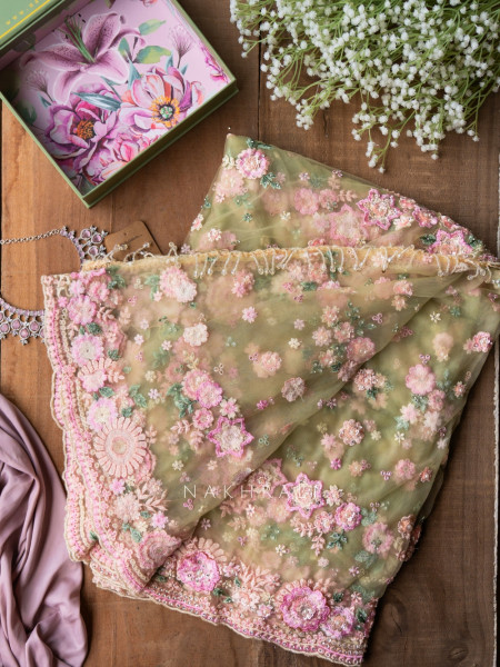 Princess Garden Green Floral Embroidered Saree with Readymade Blouse