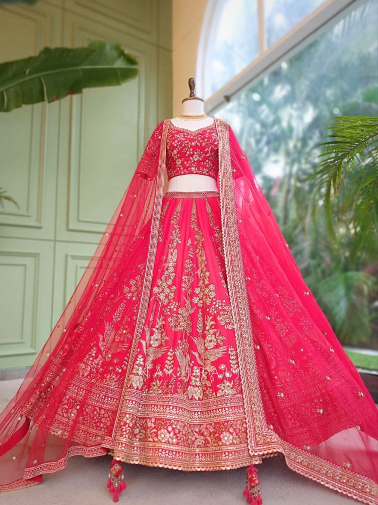 Image of Rivisha Red Pure Raw Silk Bridal Lehenga Set With Reshma Zardozi &amp; Peacock Embroidery