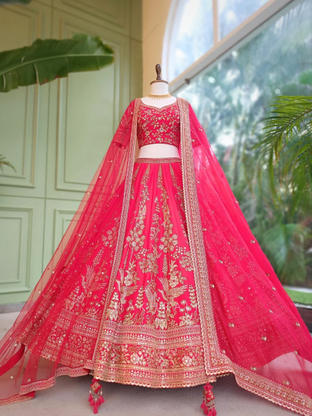 Rivisha Red Pure Raw Silk Bridal Lehenga Set With Reshma Zardozi & Peacock Embroidery