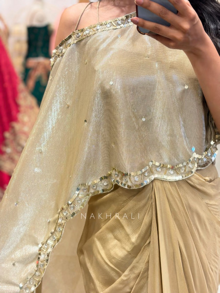 Elixir Cream Off Shoulder Kaftan Set with Sequin Work