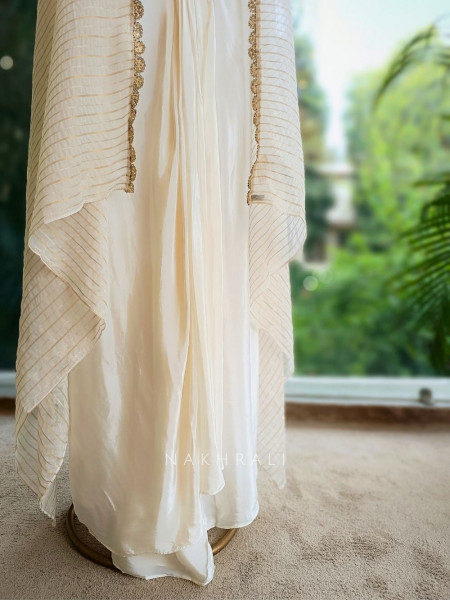 Ivory Luxe Crop Top Drape Skirt Set with Jacket