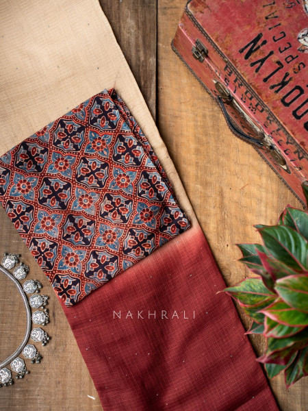 Vasu Handwoven Cream and Maroon Kota Saree with Cotton Satin Blouse