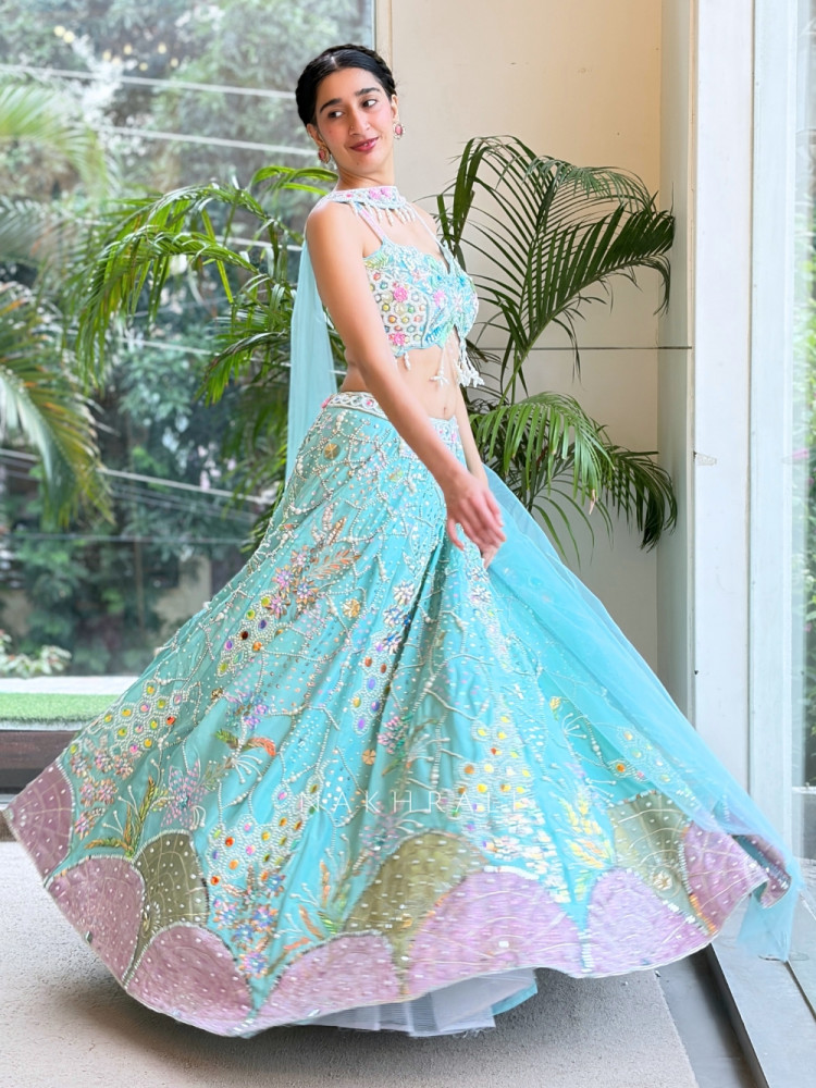 Image of Ishvika Sky Blue Slub Silk &amp; Tulle Carnival Lehenga Set