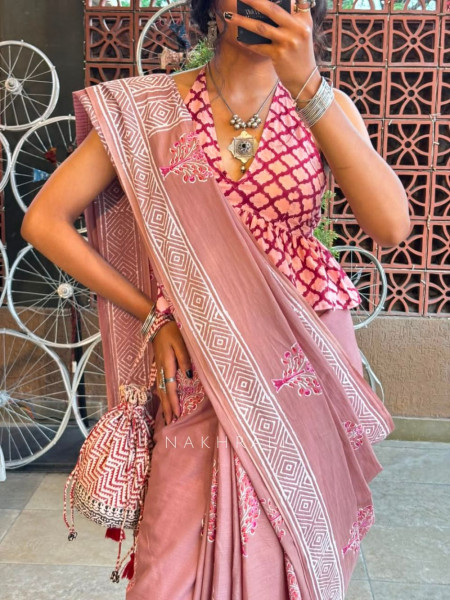Vanalika Brown Cotton Saree with Block Print