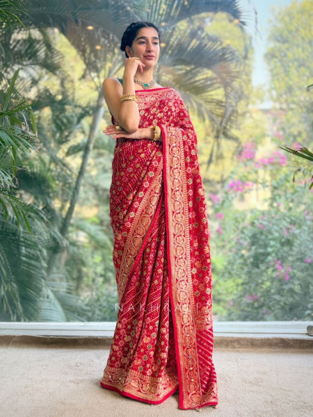Zariyah Red Bandhani Saree with Zari Weave