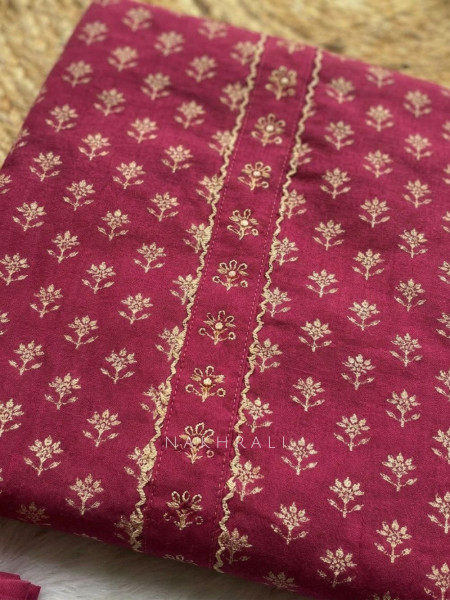 Kirtima Wine Cotton Dress Material with Block Print