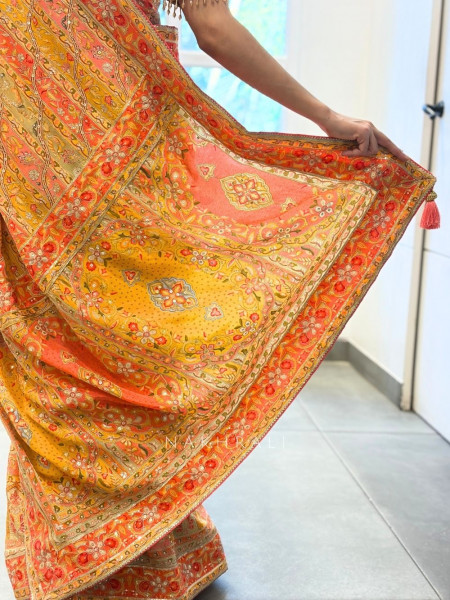 Kanakvalli Yellow Printed Saree with Ornate Embroidery