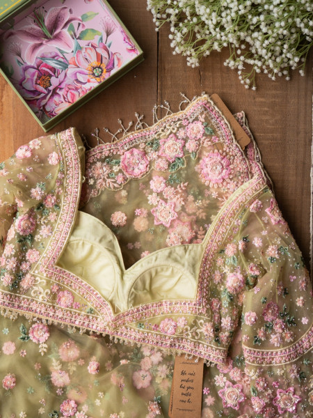 Princess Garden Green Floral Embroidered Saree with Readymade Blouse