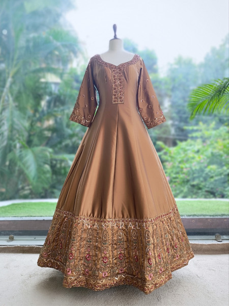 Imperial Blossom Brown Silk Blend Anarkali Suit Set