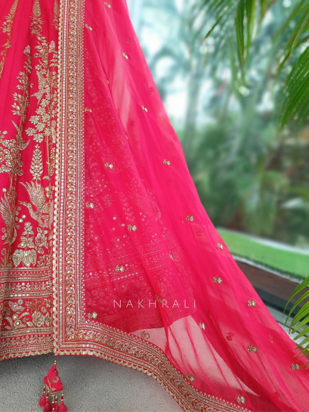 Rivisha Red Pure Raw Silk Bridal Lehenga Set With Reshma Zardozi & Peacock Embroidery