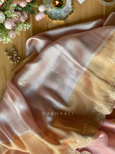 Skylight Peach Zari Weaved Saree with Embroidered Border