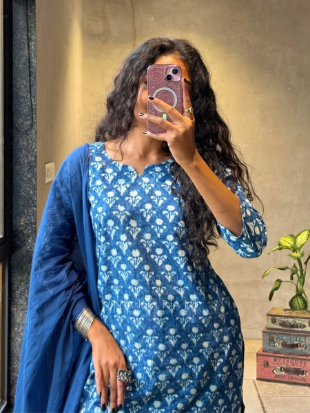 Mavira Blue Printed Suit Set with Lace Hem Detail