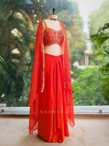 Aabha Orange Embroidered Crop Top Skirt Set with Cape