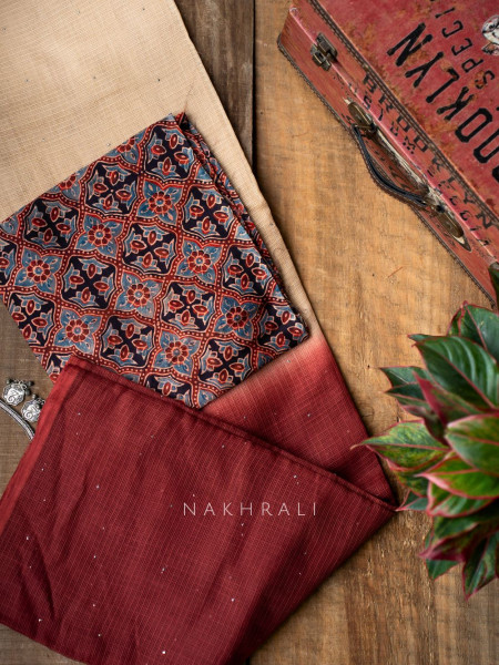 Vasu Handwoven Cream and Maroon Kota Saree with Cotton Satin Blouse