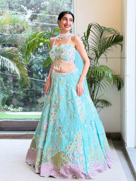 Ishvika Sky Blue Slub Silk & Tulle Carnival Lehenga Set