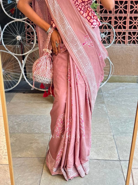 Vanalika Brown Cotton Saree with Block Print