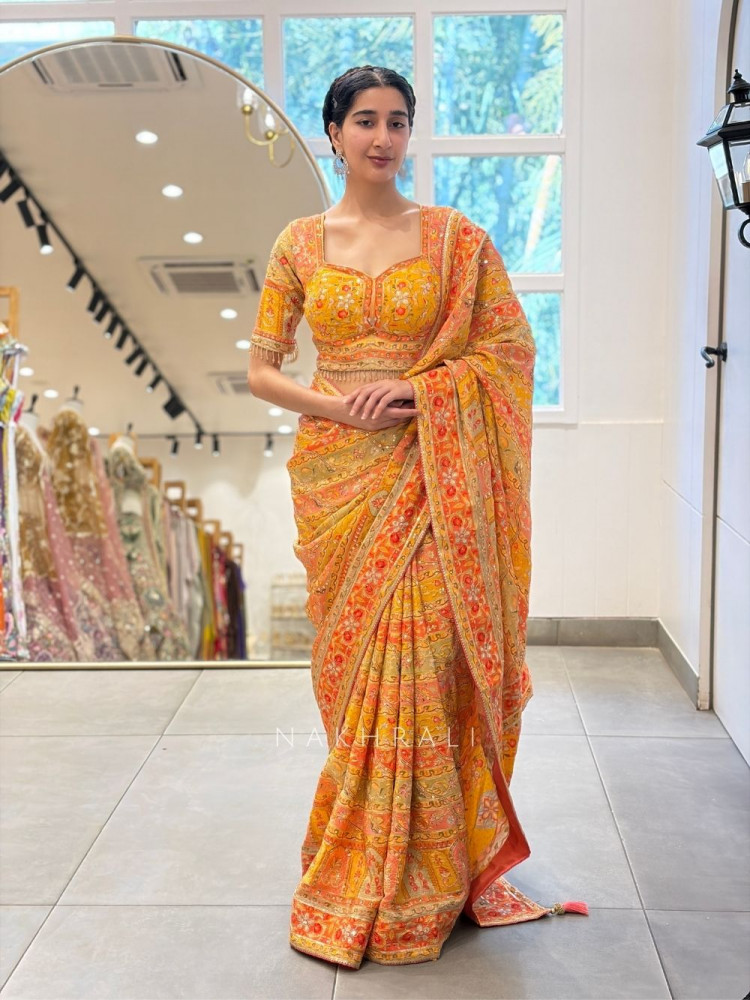 Image of Kanakvalli Yellow Printed Saree with Ornate Embroidery