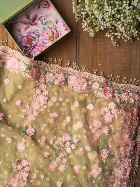 Princess Garden Green Floral Embroidered Saree with Readymade Blouse